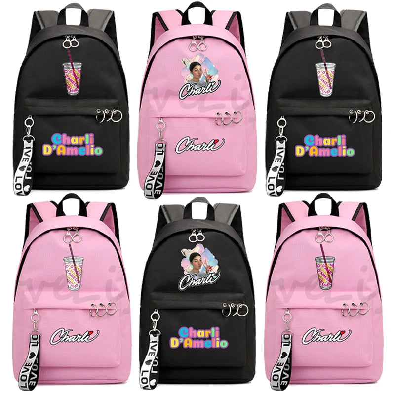 Charli DAmelio Milk Tea Cup School Backpack Girls Chain Accessories Bag
