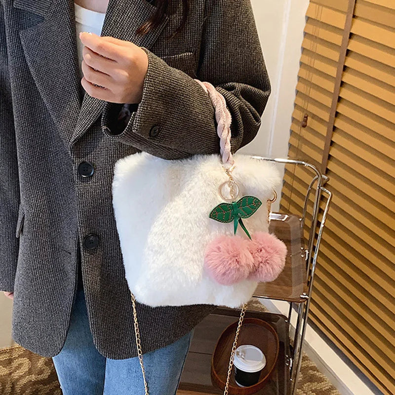 Cherry Plush Woven Handbag Sweet Chain Girls Shoulder Bag