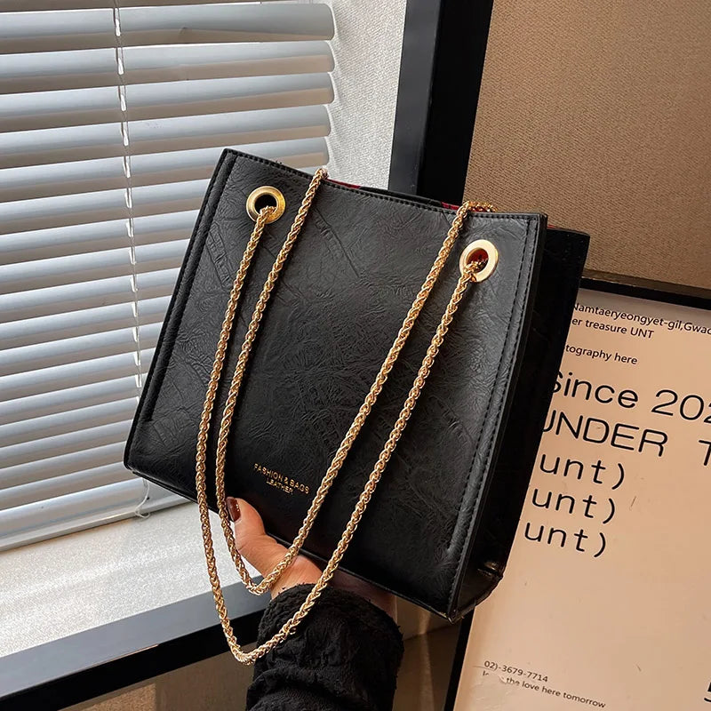 Women Chains Shoulder Bag Texture PU Leather Tote Bags