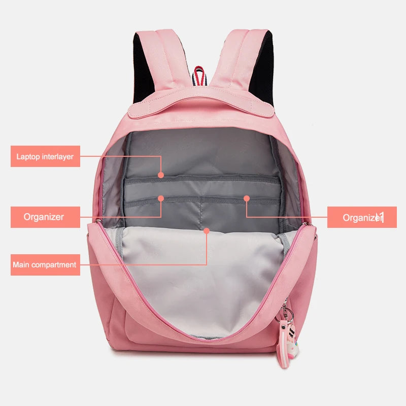Waterproof Nylon Girls School Backpack Teenager Bag with Lovely Doll Zipper