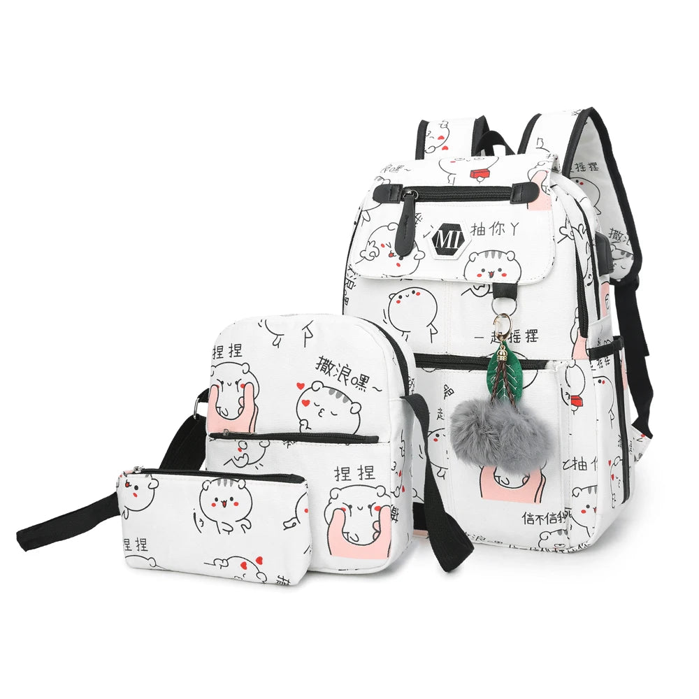Girls Primary Backpack Set - 3 Pcs Princess Schoolbags