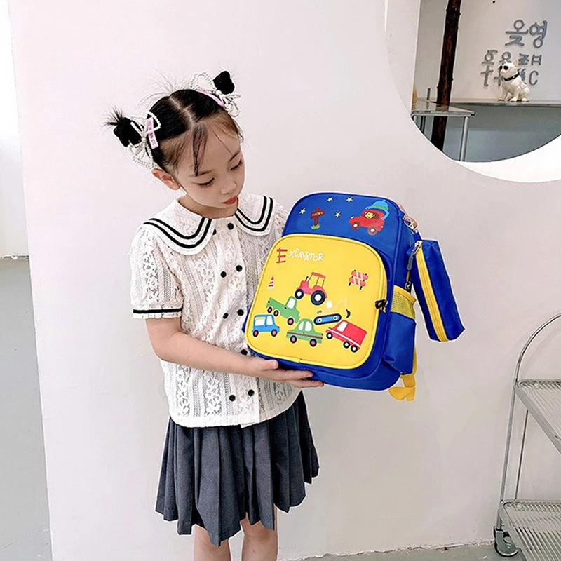 Cartoon Car School Backpack Kid's Backpack Boys Waterproof Colorblock Bagpack