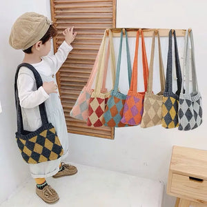 Kids Woolen One Shoulder Messenger Bag Diamond Matching Baby Knitted Bag