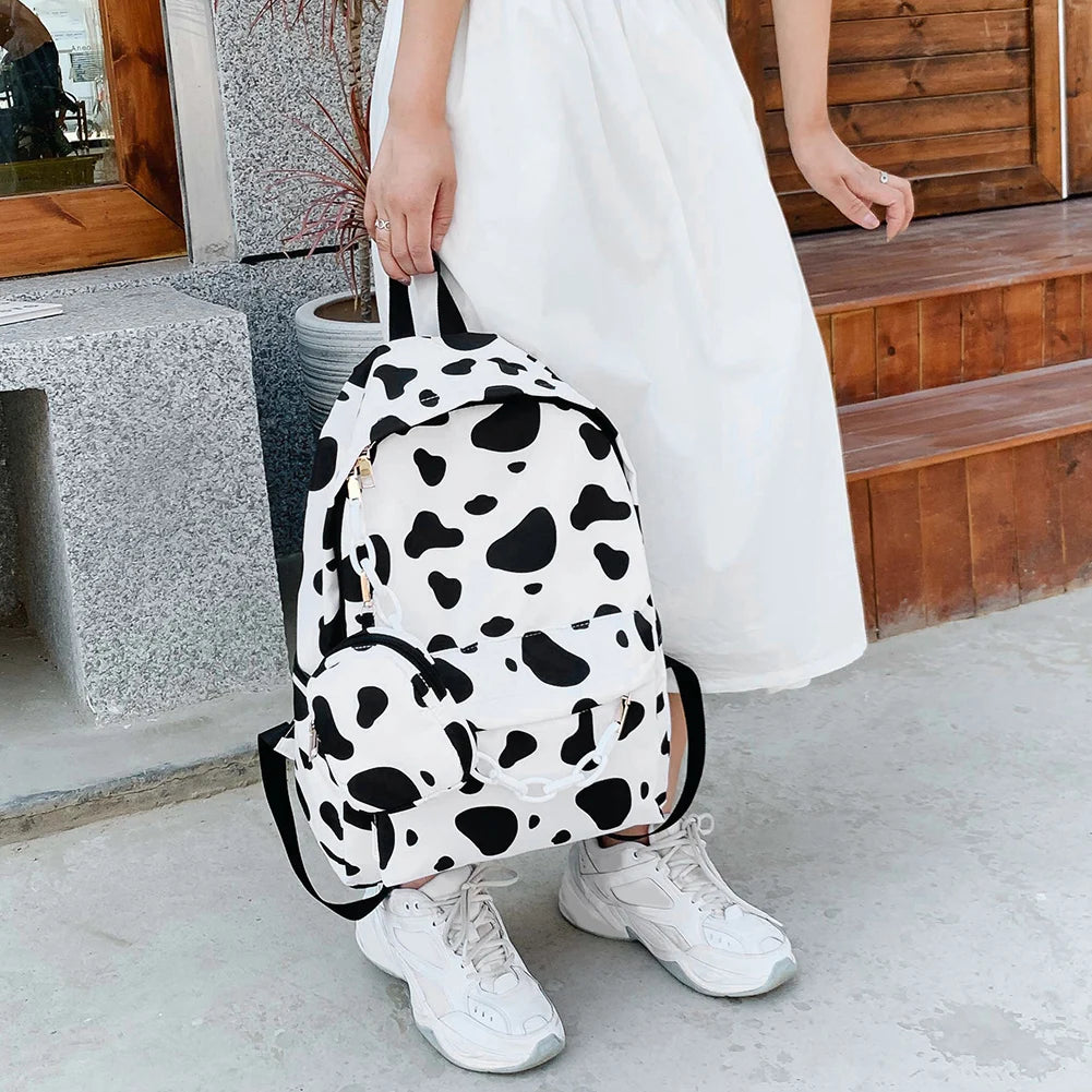 Casual Nylon Shoulder School Bags Cow Letter Print Women Girls Backpacks