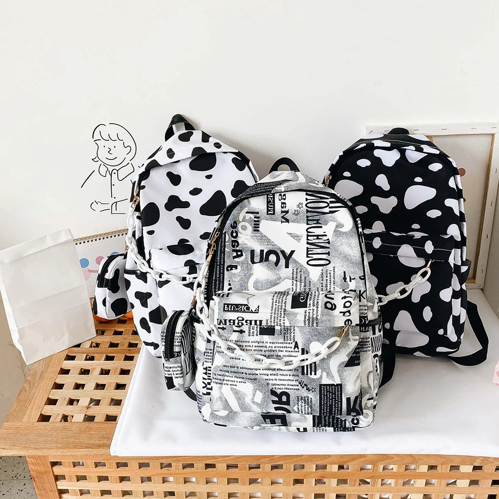 Casual Nylon Shoulder School Bags Cow Letter Print Women Girls Backpacks