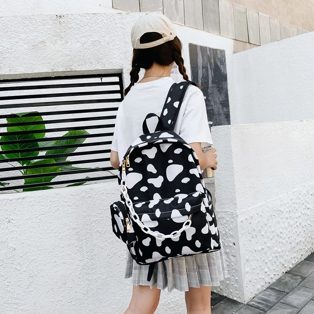 Casual Nylon Shoulder School Bags Cow Letter Print Women Girls Backpacks