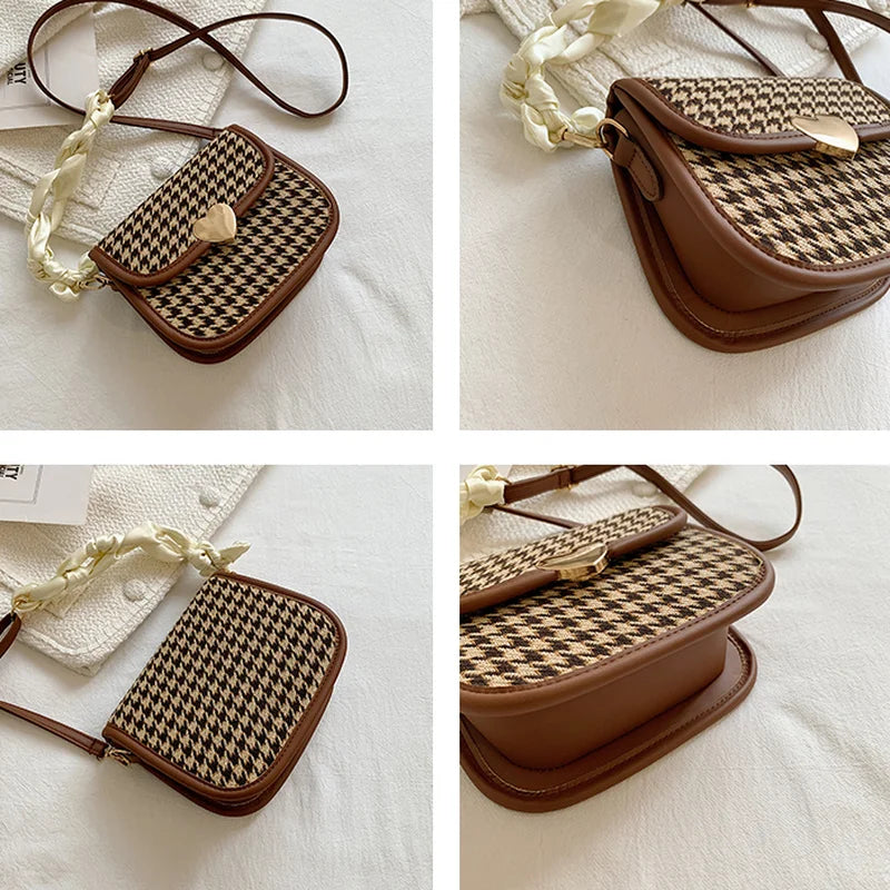 Retro Houndstooth Shoulder Bag Women Saddle Autumn Ribbon Strap