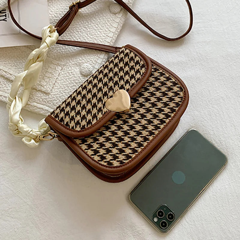 Retro Houndstooth Shoulder Bag Women Saddle Autumn Ribbon Strap