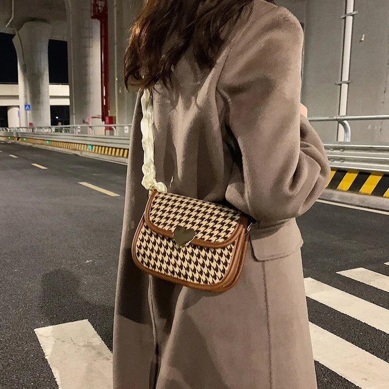 Retro Houndstooth Shoulder Bag Women Saddle Autumn Ribbon Strap