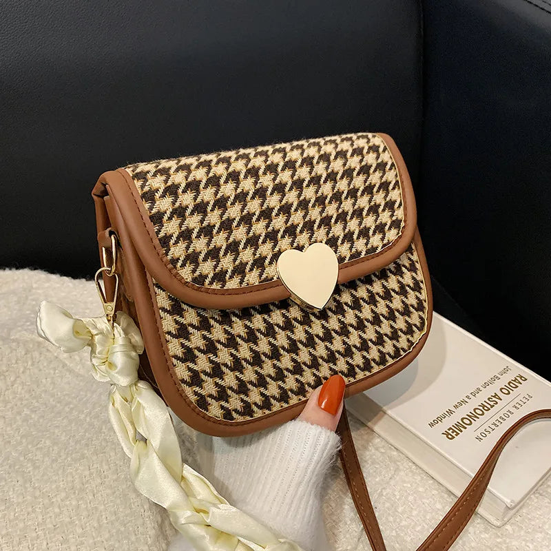 Retro Houndstooth Shoulder Bag Women Saddle Autumn Ribbon Strap
