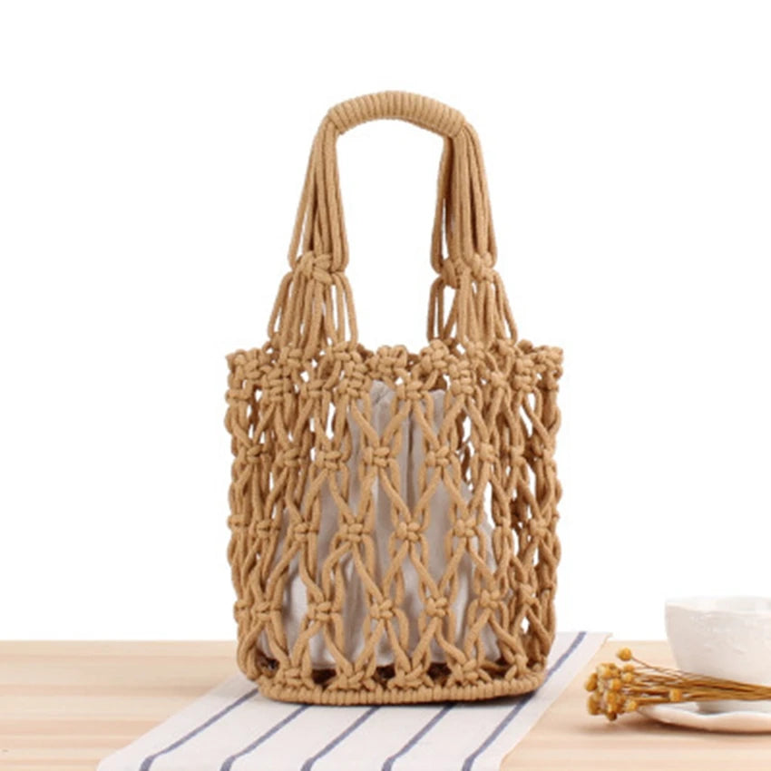 College Retro Thick Cotton Woven Bag Portable Net Bag Beach Travel Bag