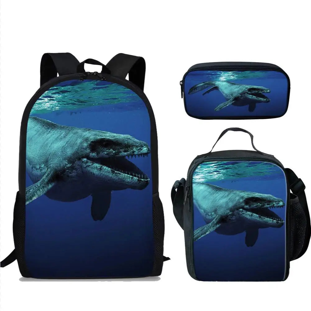 Mosasaurus Dinosaur 3D Print School Bag Set/3Pcs for Boys