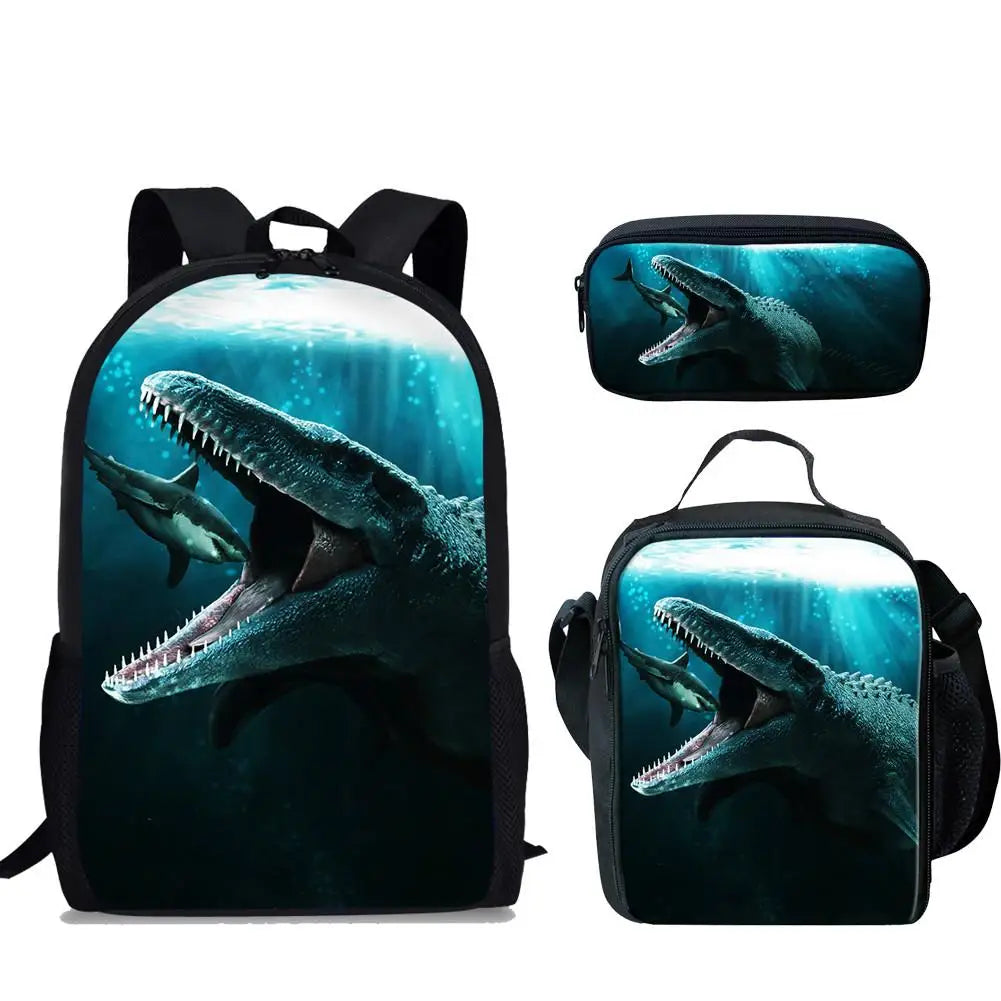 Mosasaurus Dinosaur 3D Print School Bag Set/3Pcs for Boys