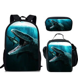 Mosasaurus Dinosaur 3D Print School Bag Set/3Pcs for Boys