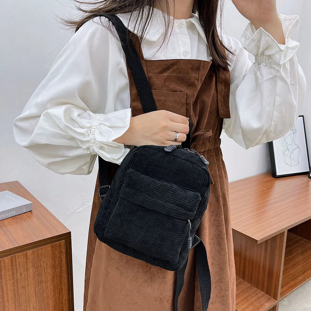 Corduroy Backpack Women School Backpack Soft Pure Teenger Girl School Bag