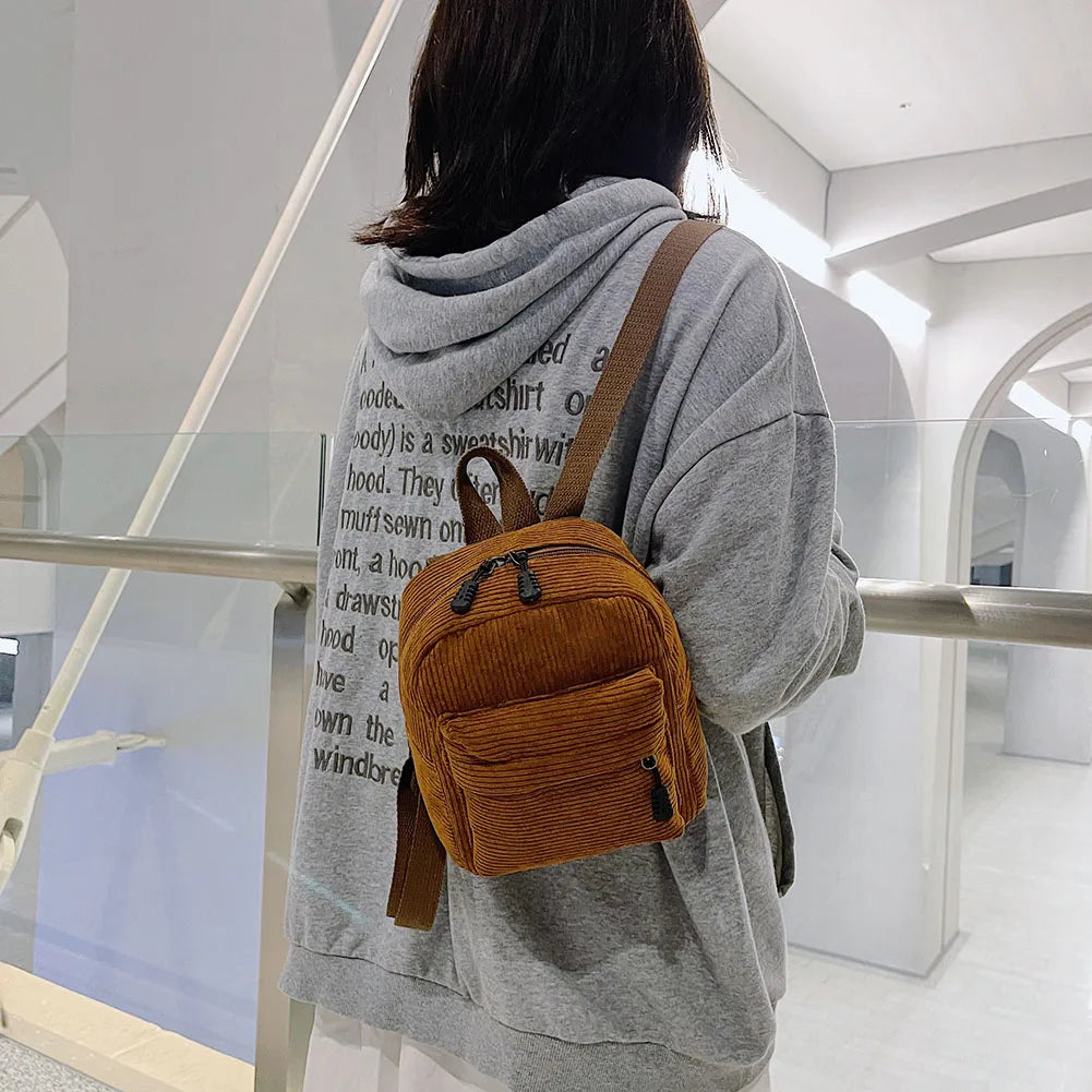 Corduroy Backpack Women School Backpack Soft Pure Teenger Girl School Bag