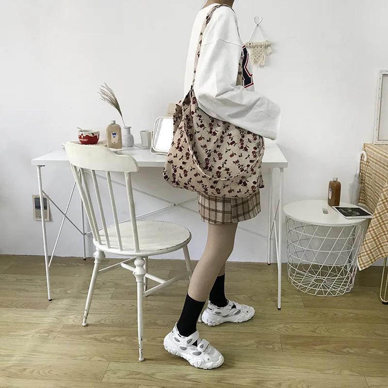 Corduroy Korea Autumn Winter Floral Crossbody Bag for Women Female