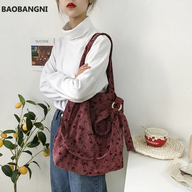 Corduroy Korea Autumn Winter Floral Crossbody Bag for Women Female