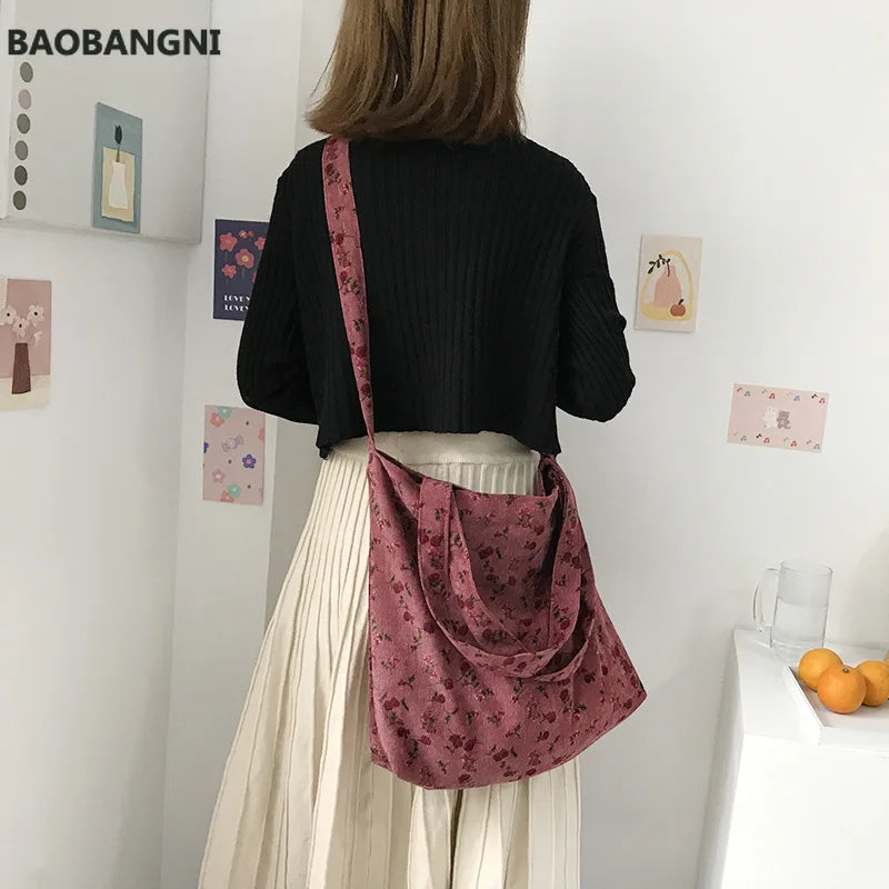 Corduroy Korea Autumn Winter Floral Crossbody Bag for Women Female
