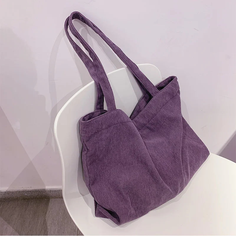 Corduroy Totes Bags for Women Zipper Eco Large Capacity Winter Shoulder Bags