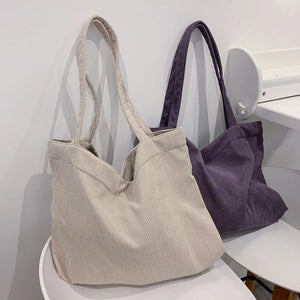 Corduroy Totes Bags for Women Zipper Eco Large Capacity Winter Shoulder Bags