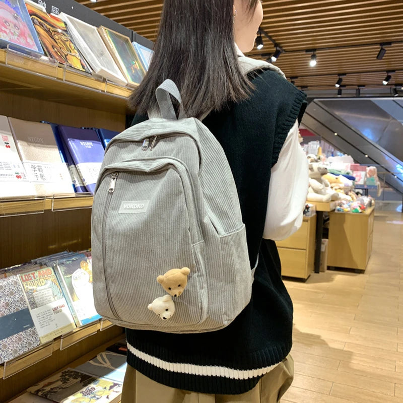 Corduroy Women Backpack Teenager Girls Schoolbag Harajuku Style