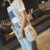 Boho Cotton Rope Shoulder Bag Woven Crossbody Handbag Straw Beach Bucket Bag