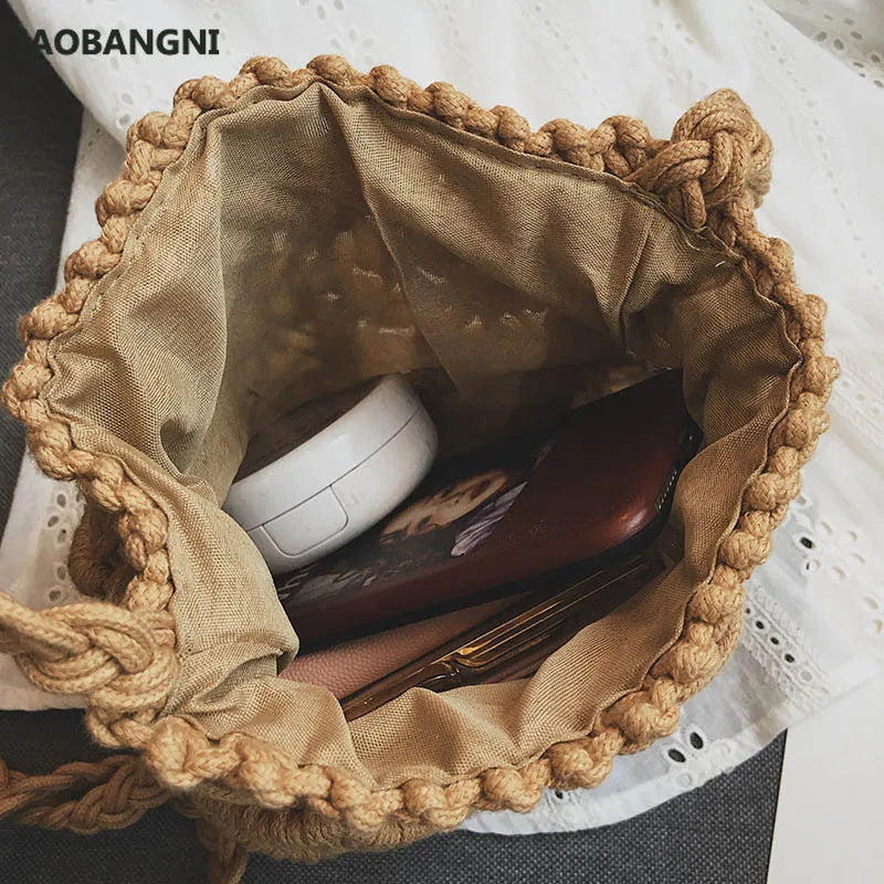 Boho Cotton Rope Shoulder Bag Woven Crossbody Handbag Straw Beach Bucket Bag