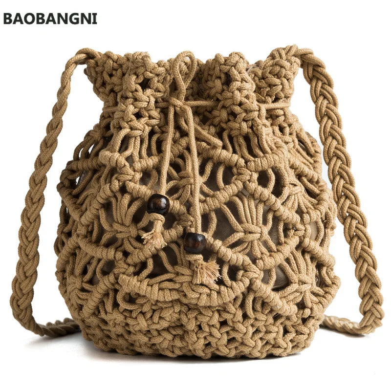 Boho Cotton Rope Shoulder Bag Woven Crossbody Handbag Straw Beach Bucket Bag