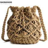Boho Cotton Rope Shoulder Bag Woven Crossbody Handbag Straw Beach Bucket Bag