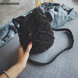 Boho Cotton Rope Shoulder Bag Woven Crossbody Handbag Straw Beach Bucket Bag