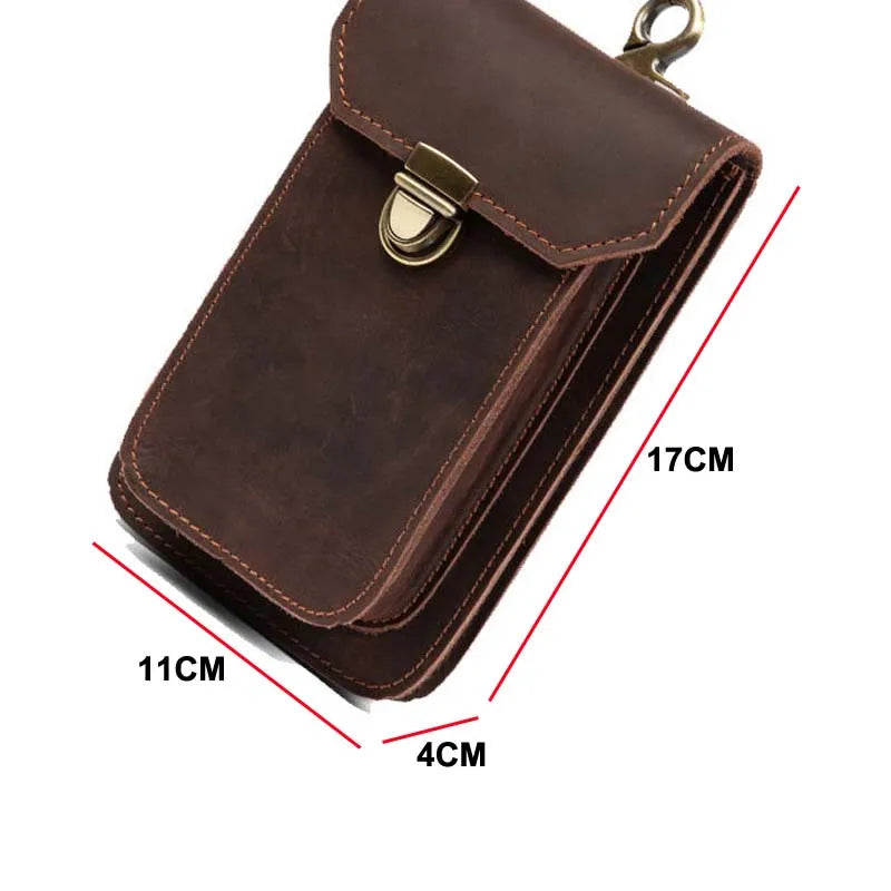 Cowhide Leather Waist Bag Retro 7-inch Phone Vintage Cigarette B