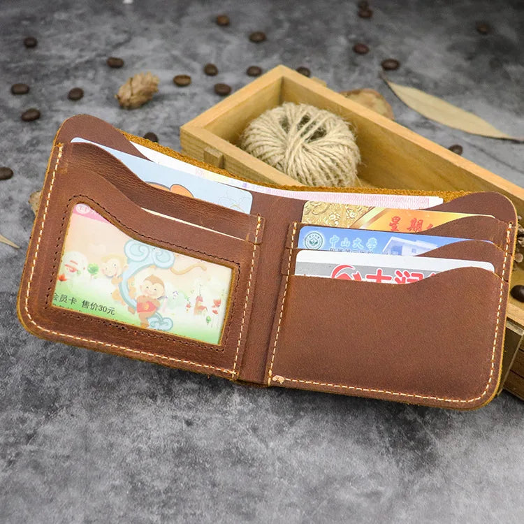 Vintage Crazy Horse Leather Men Wallet - Multi-card Bits Short Purse Money Case