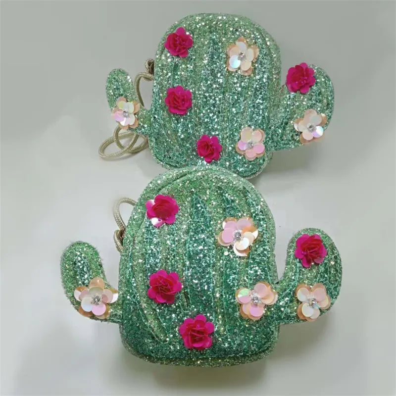 Green Cactus Plant Shoulder Bag Sequin Flower Crossbody Purse