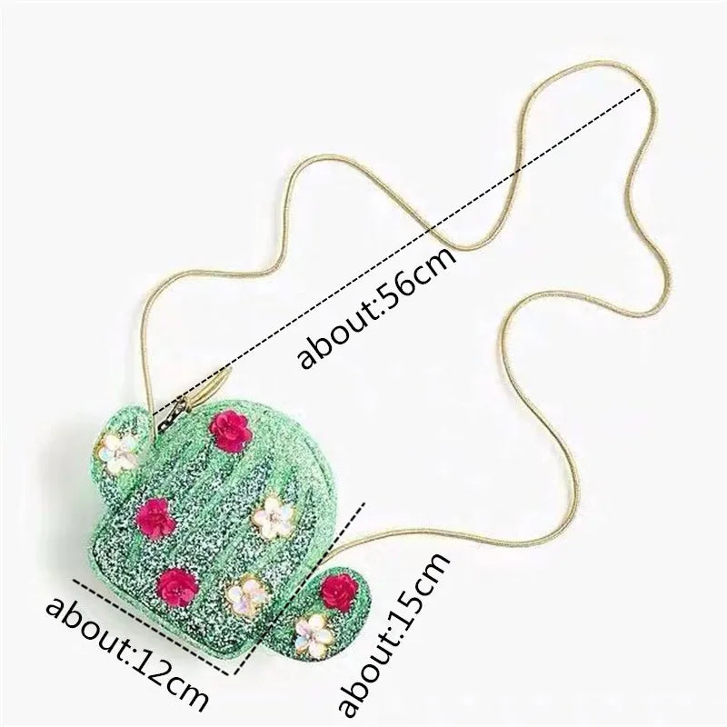 Green Cactus Plant Shoulder Bag Sequin Flower Crossbody Purse