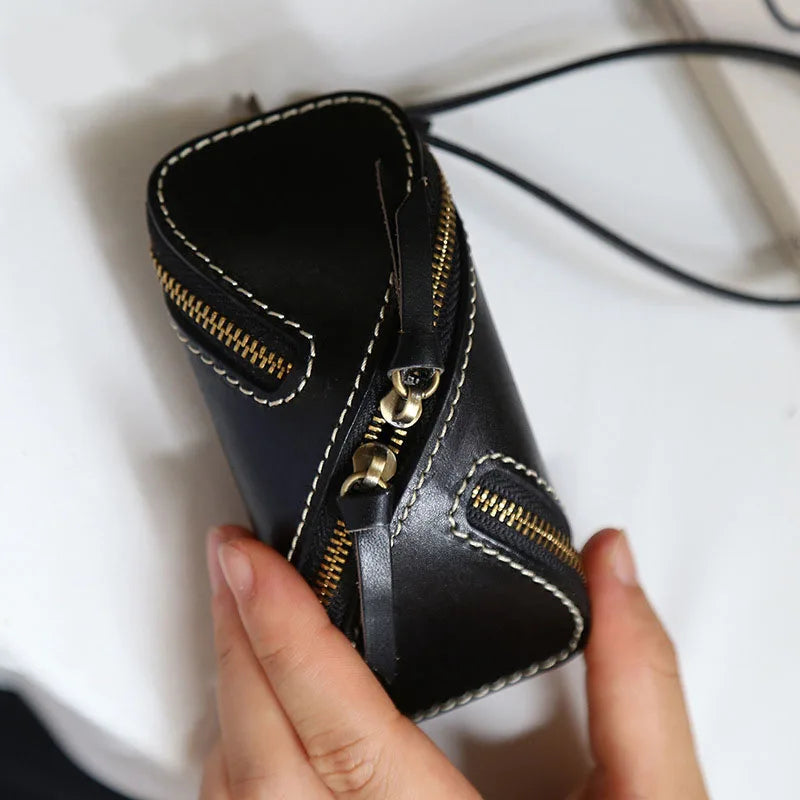 Retro Zipper Car Key Case Leather Mini Purse Keychain