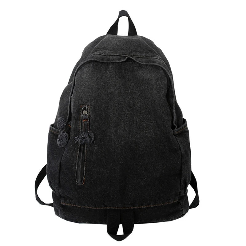 Denim Zipper Backpack Large Capacity Double Shoulder Schoolbag