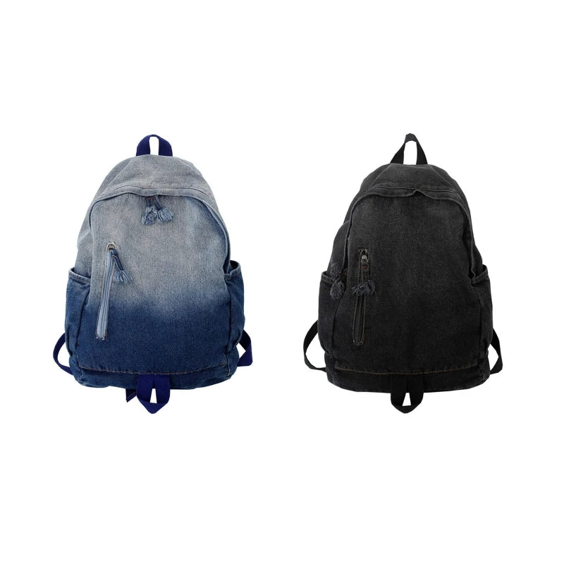 Denim Zipper Backpack Large Capacity Double Shoulder Schoolbag
