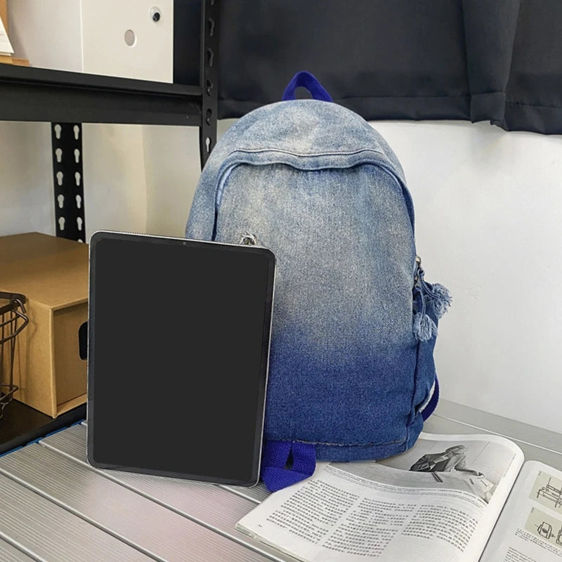 Denim Zipper Backpack Large Capacity Double Shoulder Schoolbag
