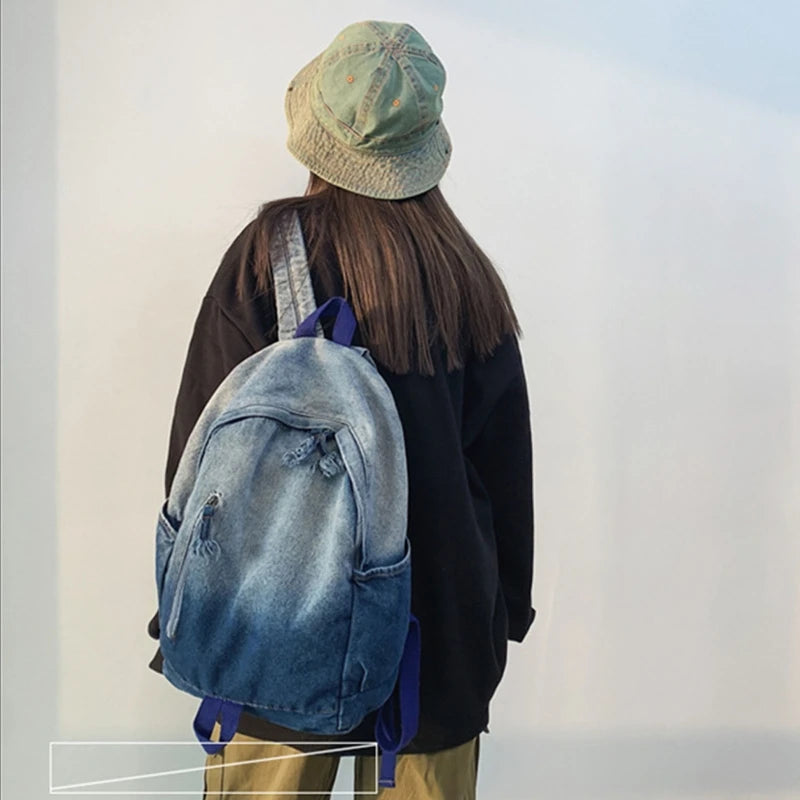 Denim Zipper Backpack Large Capacity Double Shoulder Schoolbag