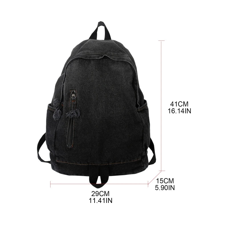 Denim Zipper Backpack Large Capacity Double Shoulder Schoolbag