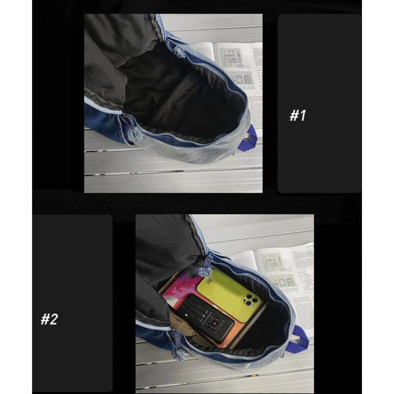 Denim Zipper Backpack Large Capacity Double Shoulder Schoolbag