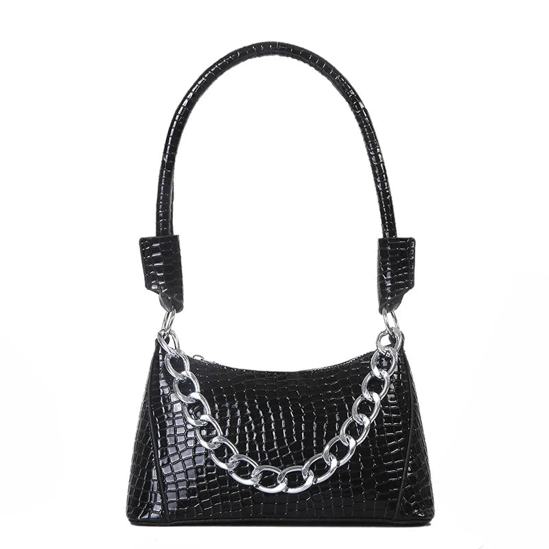 Crocodile Pattern Small PU Leather Shoulder Bag for Women with Chain Strap