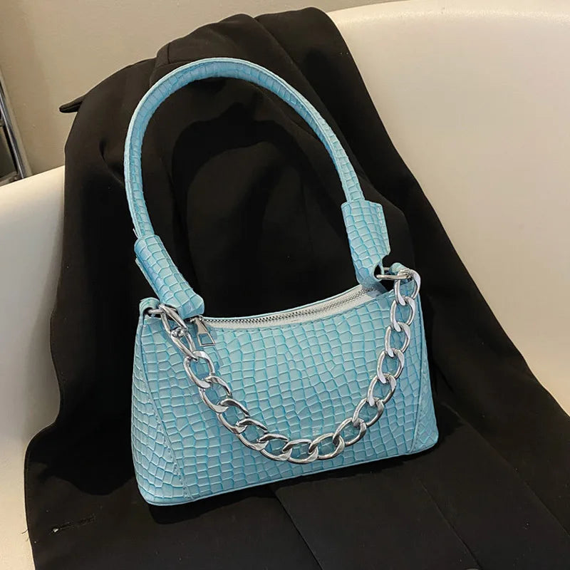 Crocodile Pattern Small PU Leather Shoulder Bag for Women with Chain Strap