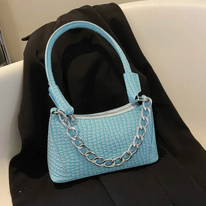 Crocodile Pattern Small PU Leather Shoulder Bag for Women with Chain Strap