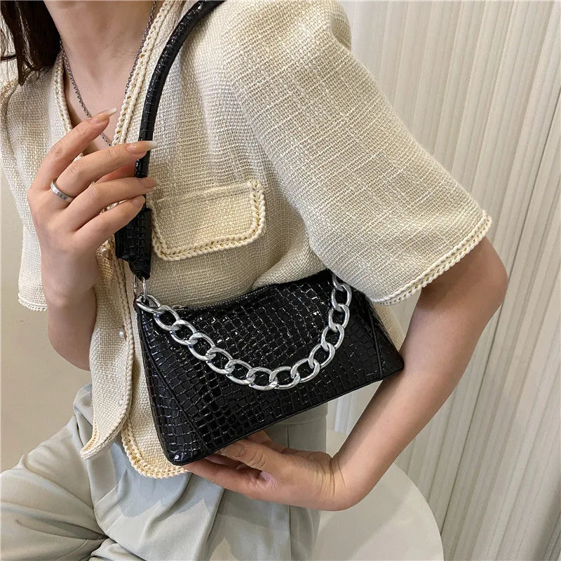 Crocodile Pattern Small PU Leather Shoulder Bag for Women with Chain Strap