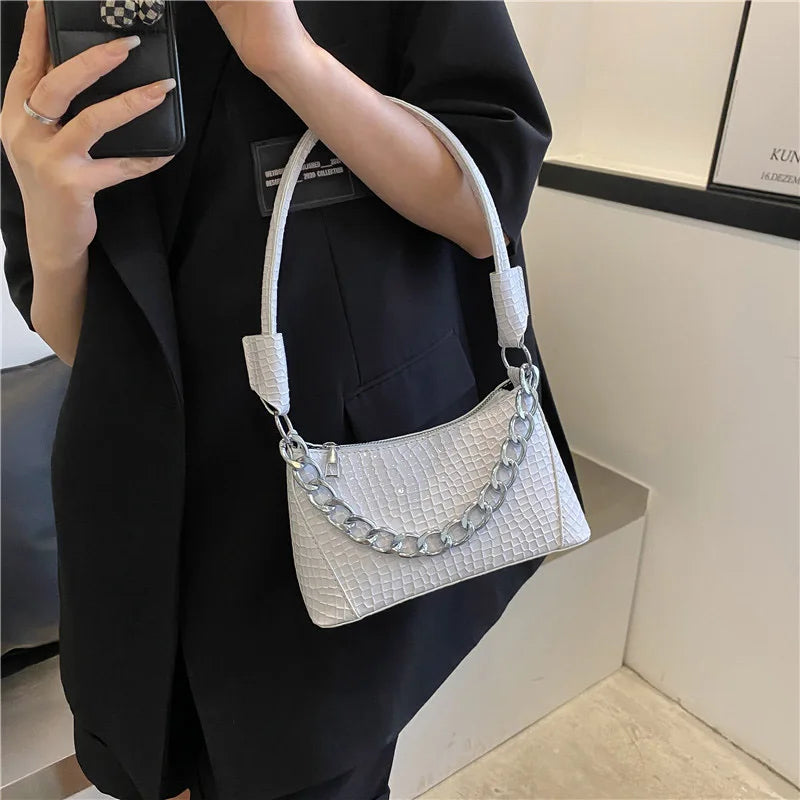 Crocodile Pattern Small PU Leather Shoulder Bag for Women with Chain Strap
