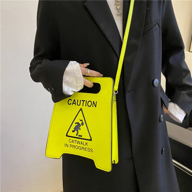 Caution Letters Sign Handbag Fluorescence Crossbody Bag