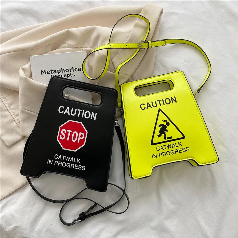 Caution Letters Sign Handbag Fluorescence Crossbody Bag