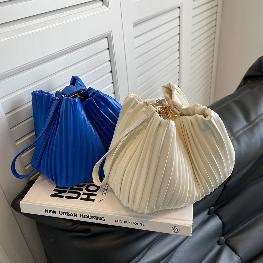 Casual Ladies Crossbody Bag Bucket Shape PU Leather Pleated Zipper Bag
